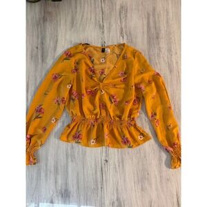Divided Mustard Yellow Pink Floral Smocked Peplum Blouse Twist Front Size 6